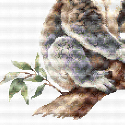 Close-up of Koala Cross Stitch Pattern showing the koala body, tree branch, eucalyptus leaves, and natural Australian wildlife detail.