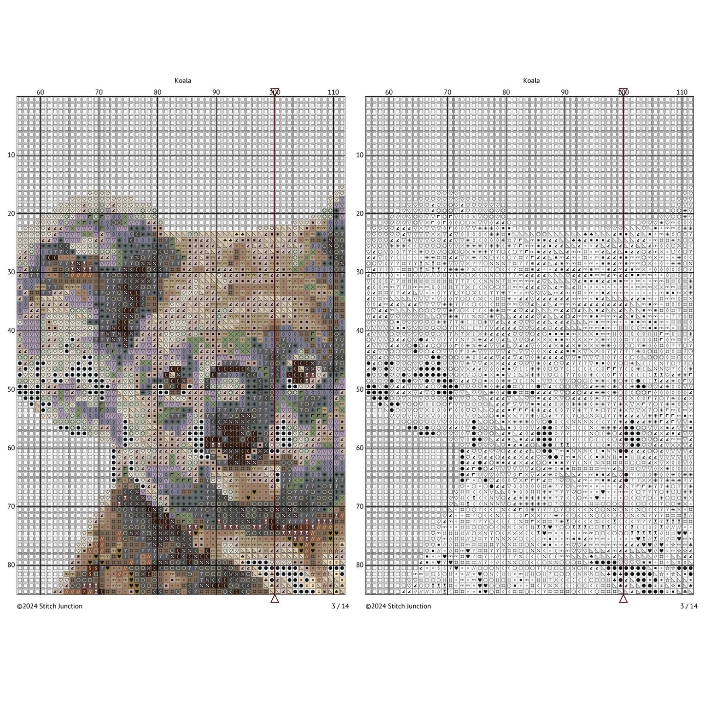 Koala Cross Stitch Pattern digital download chart preview with colour symbols and black-and-white symbol chart for printable counted cross stitch.
