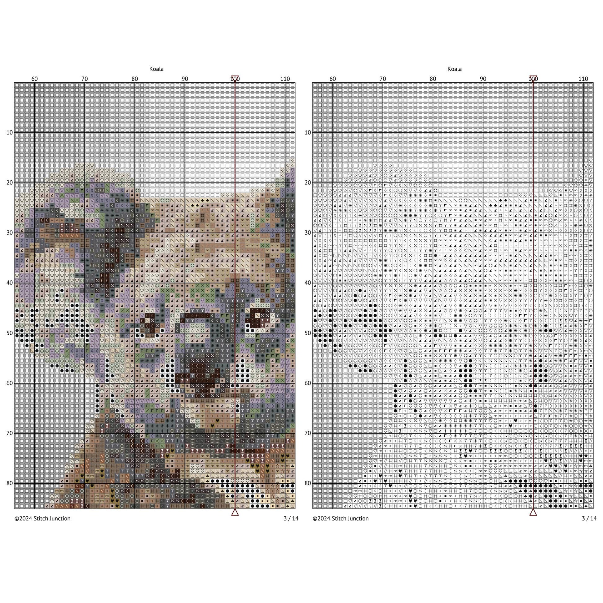 Koala Cross Stitch Pattern digital download chart preview with colour symbols and black-and-white symbol chart for printable counted cross stitch.