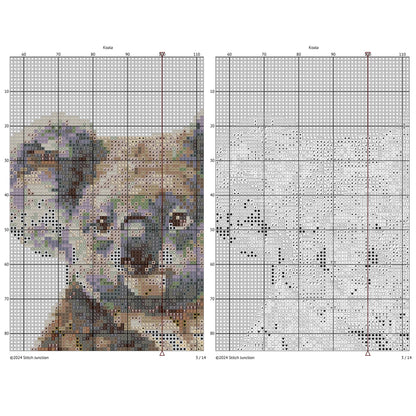 Koala Cross Stitch Pattern digital download chart preview with colour symbols and black-and-white symbol chart for printable counted cross stitch.