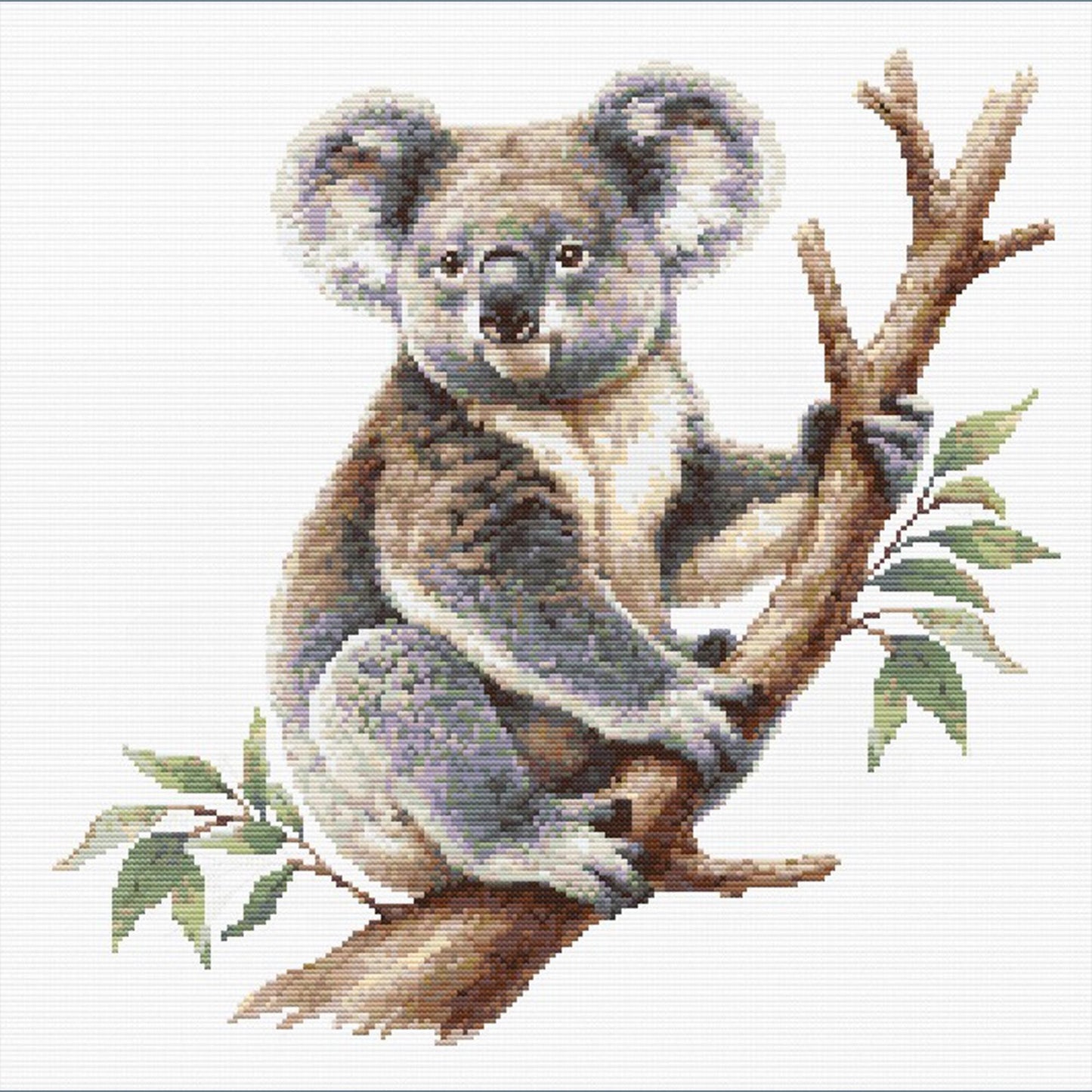 Koala Cross Stitch Pattern featuring an Australian koala on a eucalyptus branch with soft wildlife detail and nature-inspired wall art style.