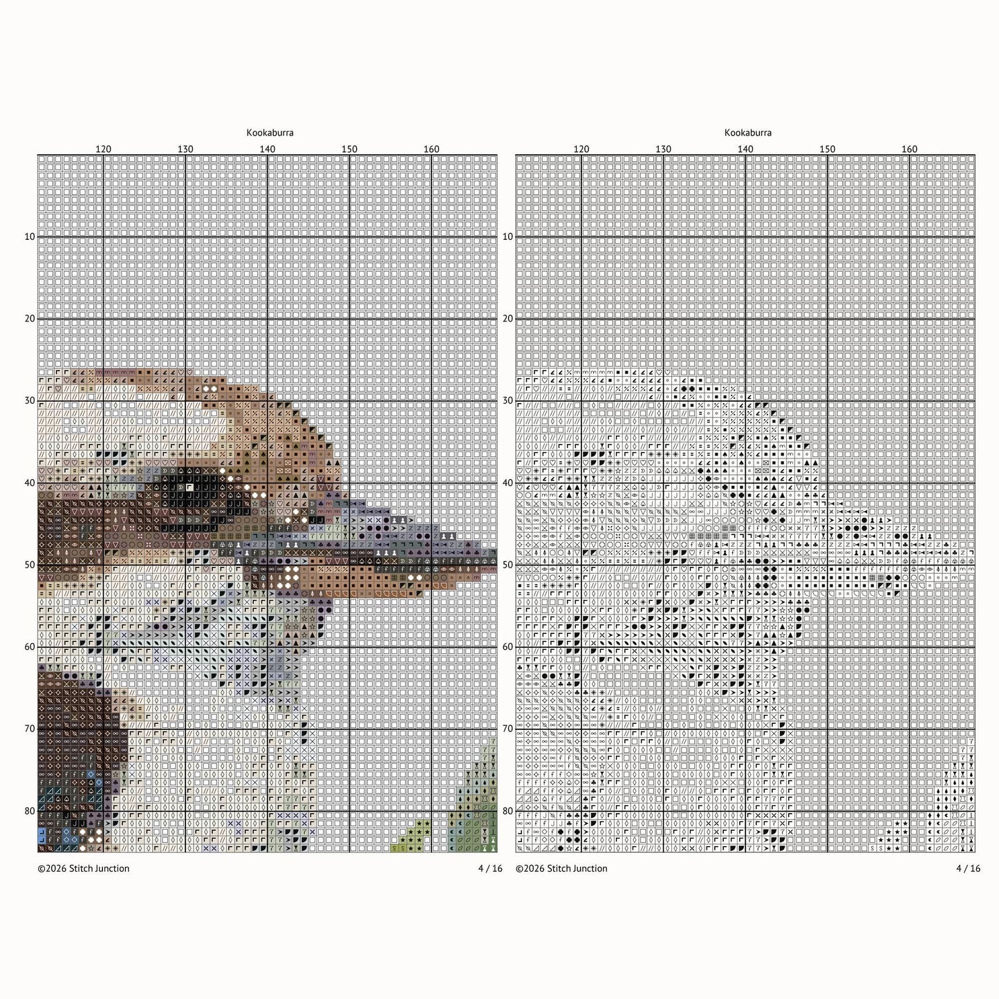 Kookaburra Cross Stitch Pattern digital download chart preview with colour symbols and black-and-white symbol chart for printable counted cross stitch.