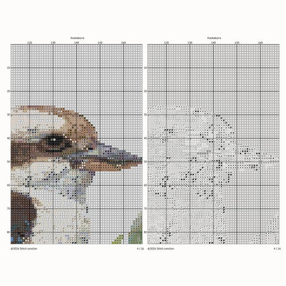 Kookaburra Cross Stitch Pattern digital download chart preview with colour symbols and black-and-white symbol chart for printable counted cross stitch.