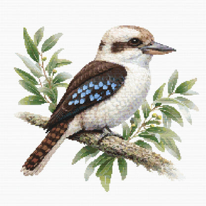 Kookaburra Cross Stitch Pattern featuring a native Australian kookaburra perched with eucalyptus leaves and natural wildlife detail.