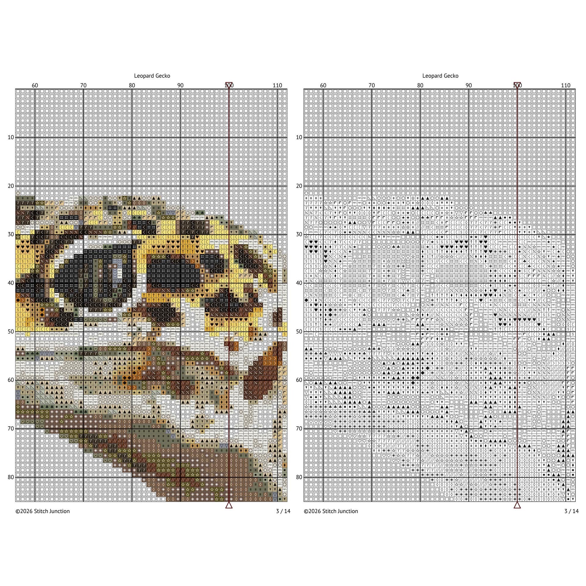 Leopard Gecko Cross Stitch Pattern chart preview with colour symbols and black-and-white symbol chart for a printable digital PDF pattern.