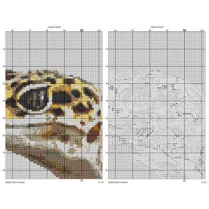 Leopard Gecko Cross Stitch Pattern chart preview with colour symbols and black-and-white symbol chart for a printable digital PDF pattern.
