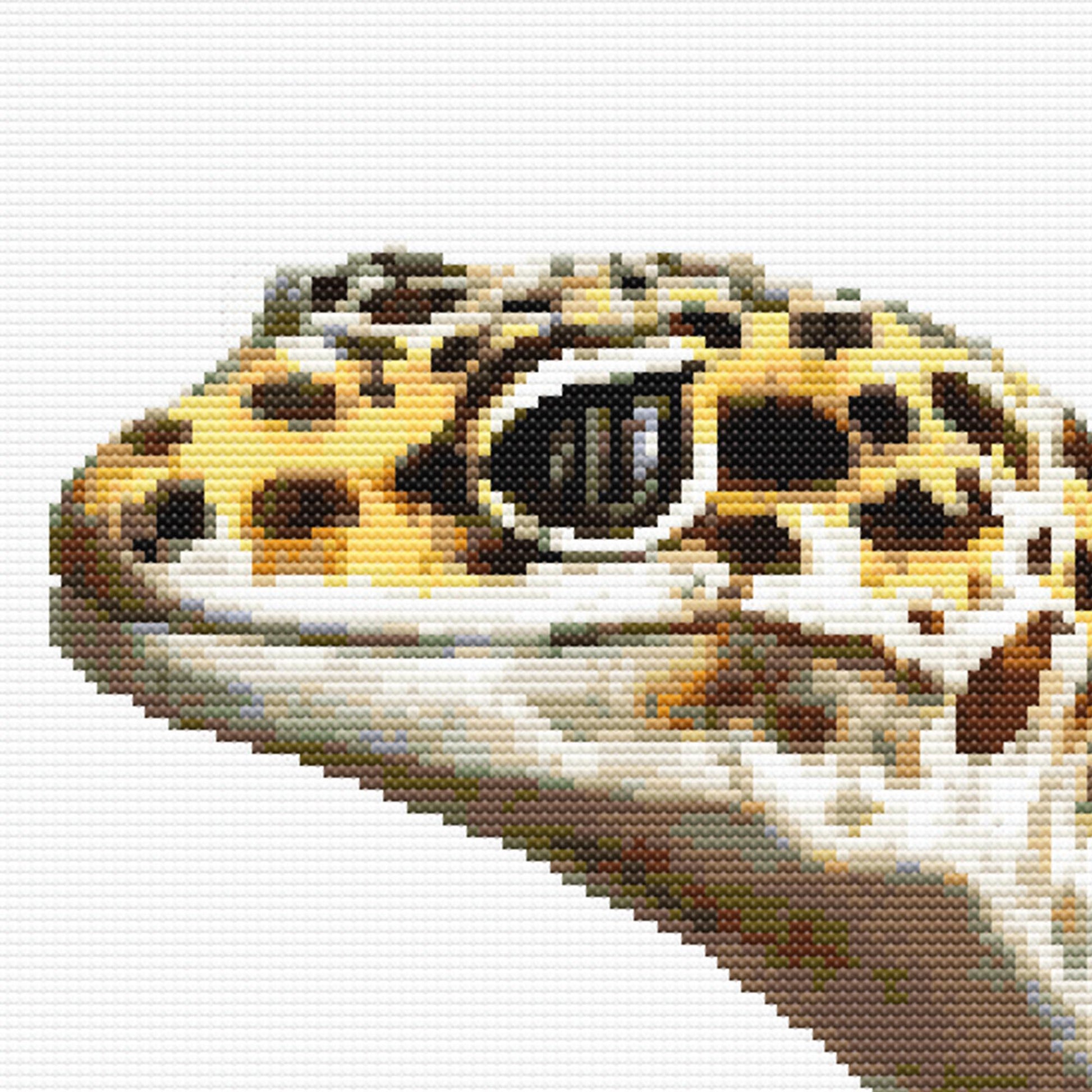 Close-up of Leopard Gecko Cross Stitch Pattern featuring the gecko face, spotted markings, eye detail, and visible stitch texture.