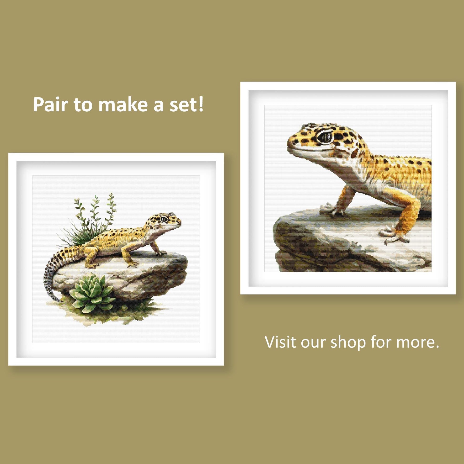 Leopard Gecko Cross Stitch Pattern set preview showing two matching reptile designs styled together as nature-inspired wall art.