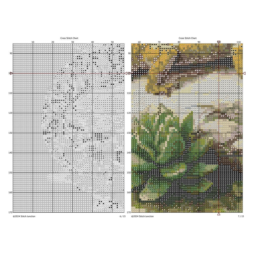 Leopard Gecko Cross Stitch Pattern digital download chart preview with colour symbols and black-and-white symbol chart for printable counted cross stitch.