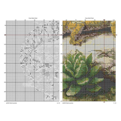 Leopard Gecko Cross Stitch Pattern digital download chart preview with colour symbols and black-and-white symbol chart for printable counted cross stitch.