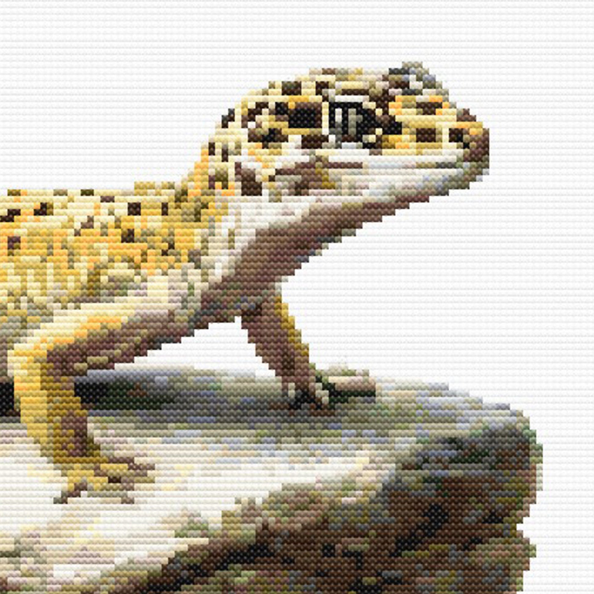 Close-up of Leopard Gecko Cross Stitch Pattern showing the gecko face, spotted markings, eye detail, and visible stitch texture.