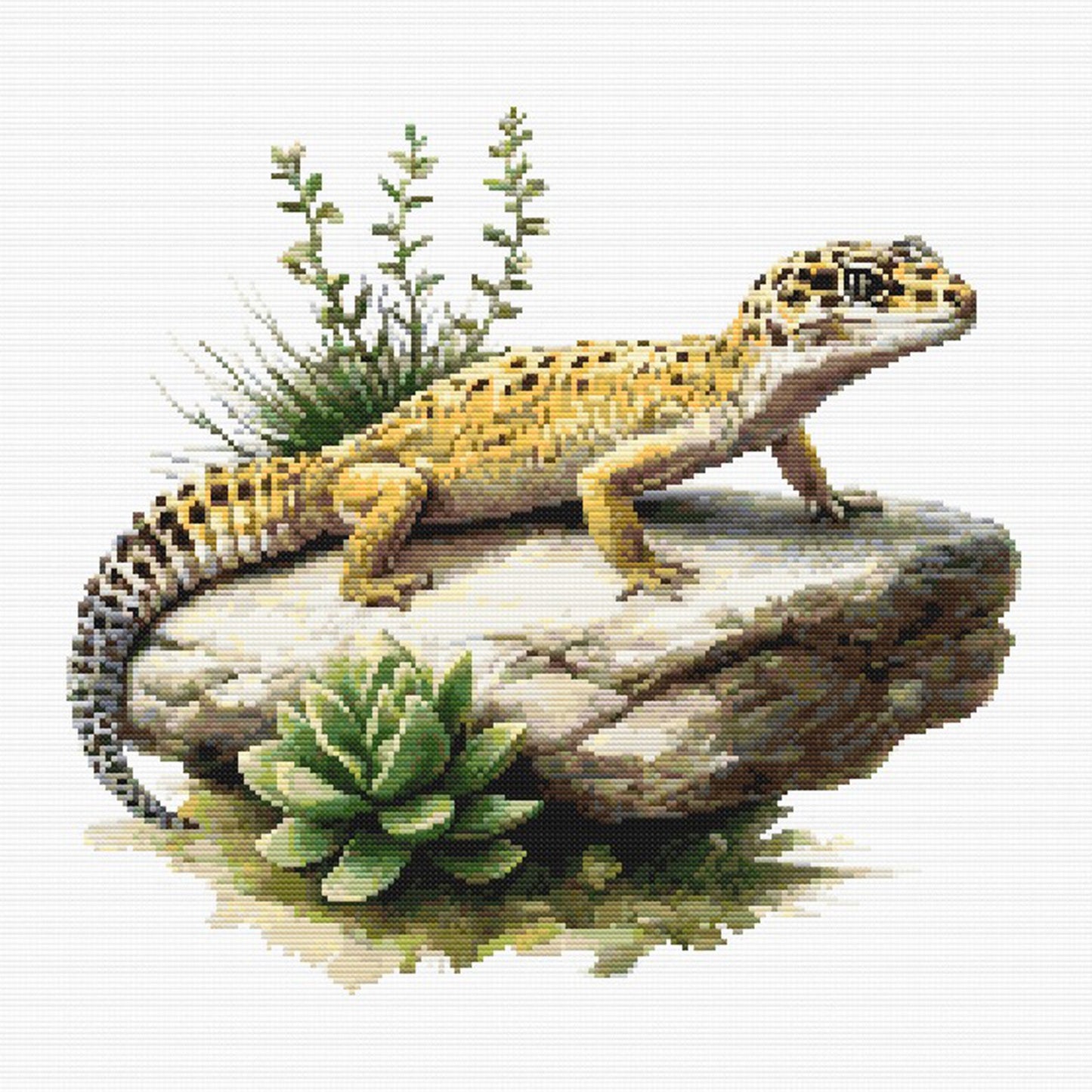 Leopard Gecko Lizard Cross Stitch Pattern featuring a spotted gecko on a rock ledge with natural greenery and reptile wildlife detail.