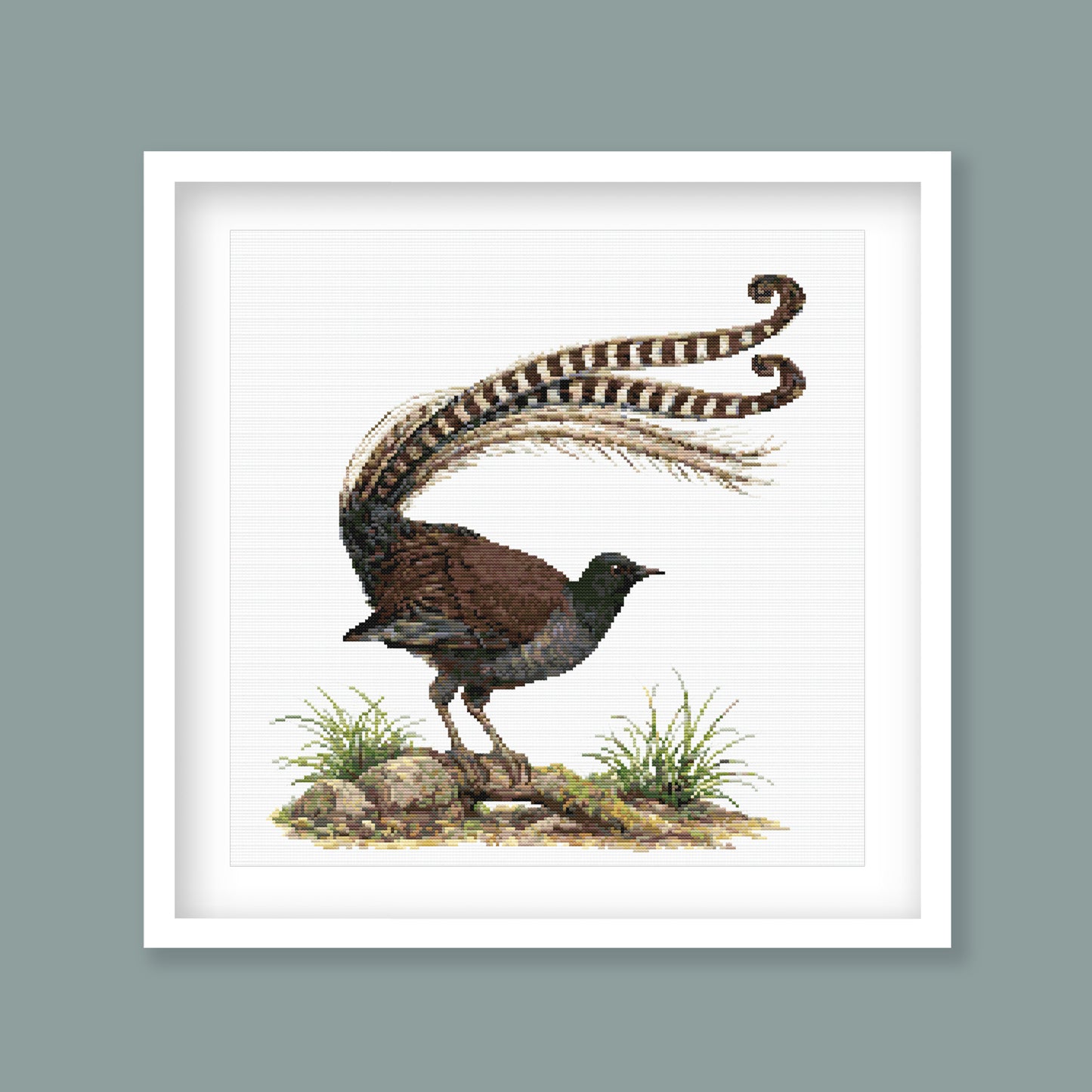 Complete Australian Lyrebird cross stitch pattern displayed on a clean white background with the full design visible.