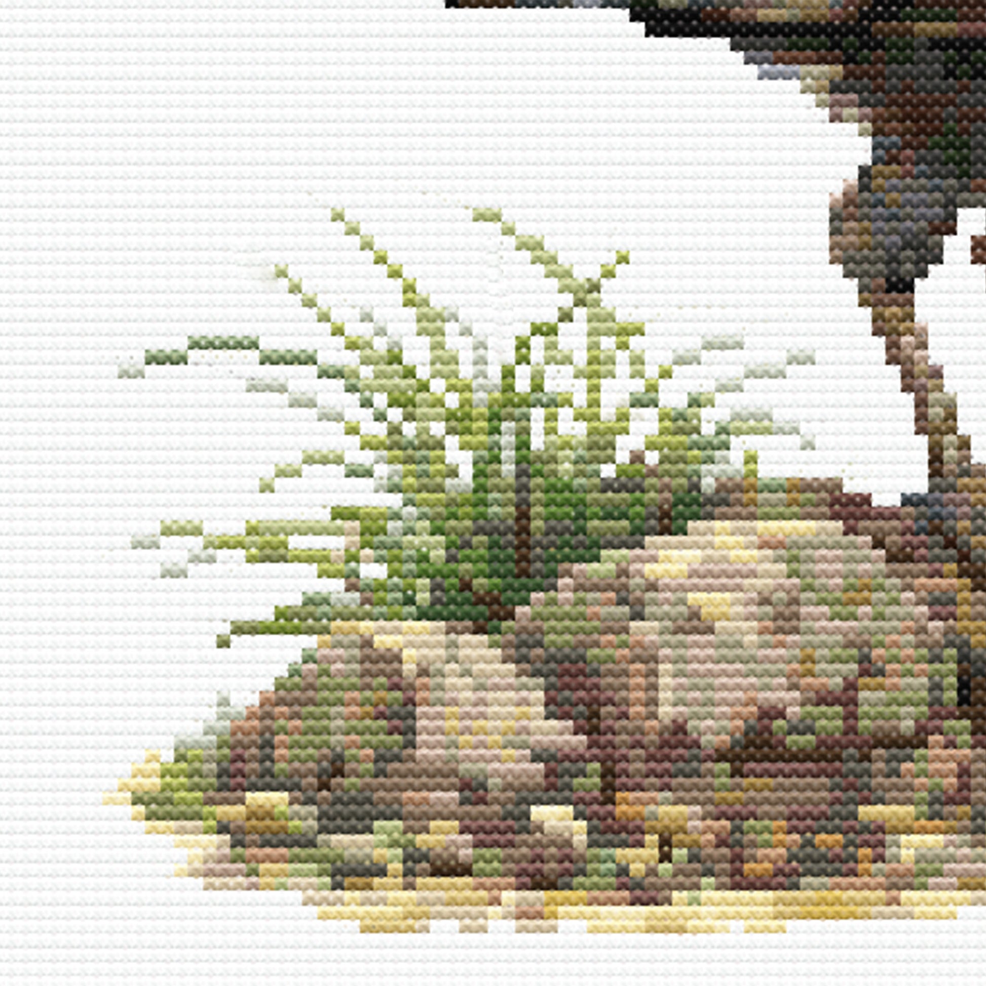 Detailed close-up of the cross stitch pattern highlighting native grasses, rocks, and the lyrebird's legs and surrounding ground.