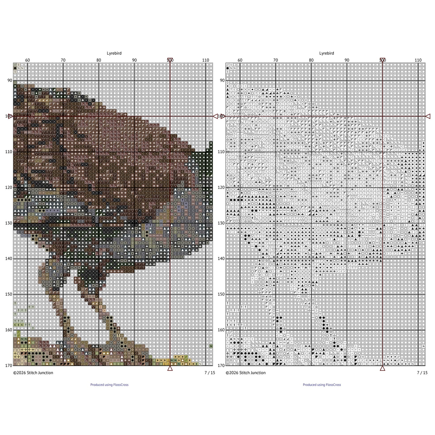 Partial view of the Lyrebird cross stitch chart showing the stitched design alongside the printable pattern grid.