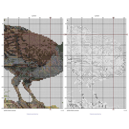 Partial view of the Lyrebird cross stitch chart showing the stitched design alongside the printable pattern grid.