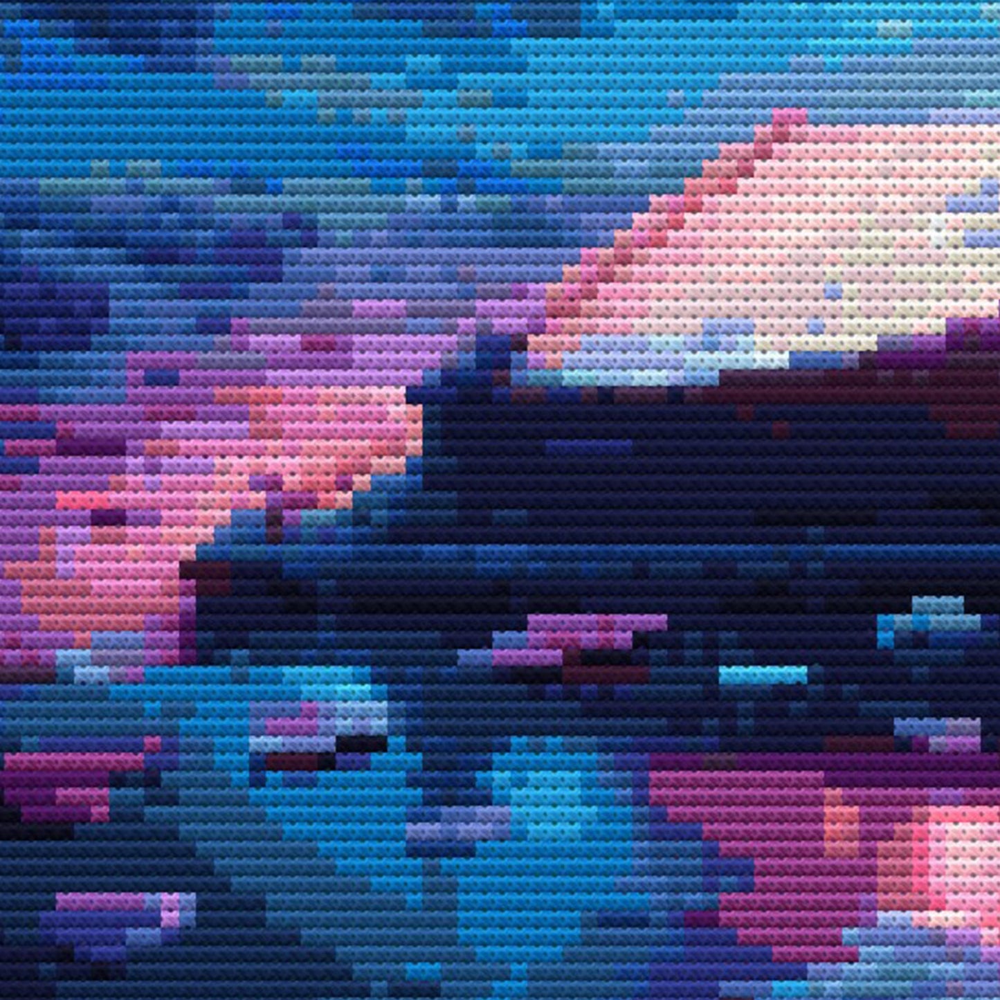 Close-up of Magic Book Cross Stitch Pattern showing an open book, glowing landscape, moonlit colours, and magical fantasy artwork.