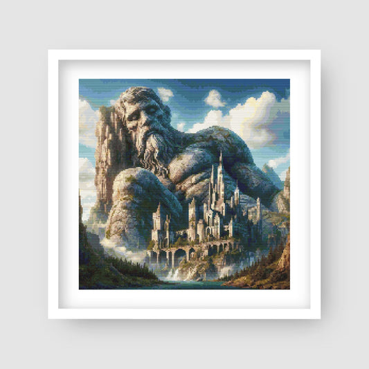 Majestic Petrified Giant and Castle Cross Stitch Pattern displayed as framed fantasy wall art with a giant stone figure, castle, mountains, and dramatic landscape detail.