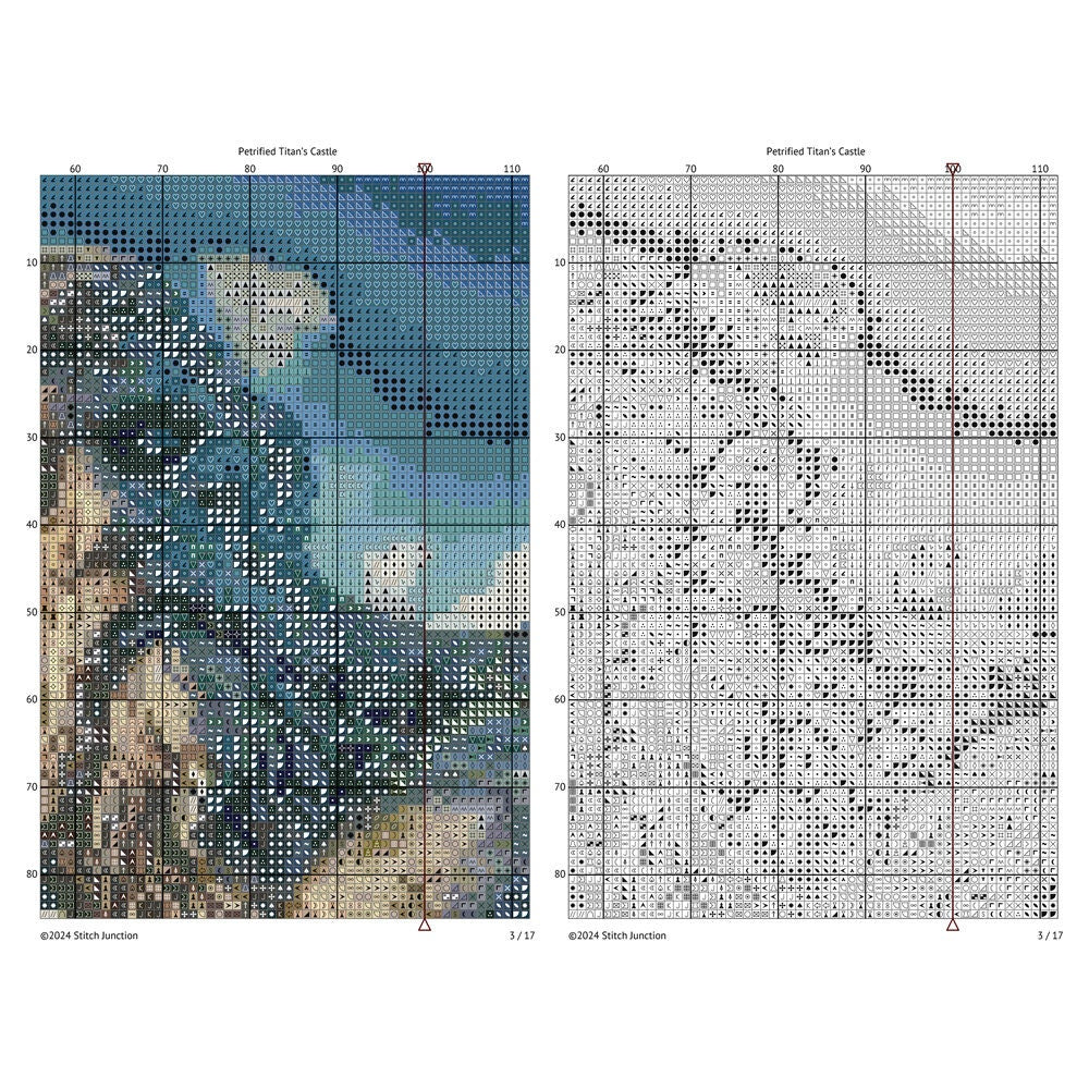 Majestic Petrified Giant and Castle Cross Stitch Pattern digital download chart preview with colour symbols and black-and-white symbol chart for printable counted cross stitch.