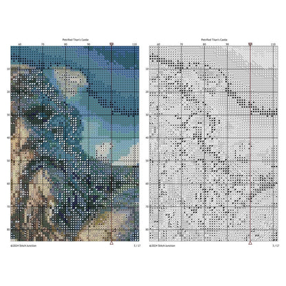 Majestic Petrified Giant and Castle Cross Stitch Pattern digital download chart preview with colour symbols and black-and-white symbol chart for printable counted cross stitch.