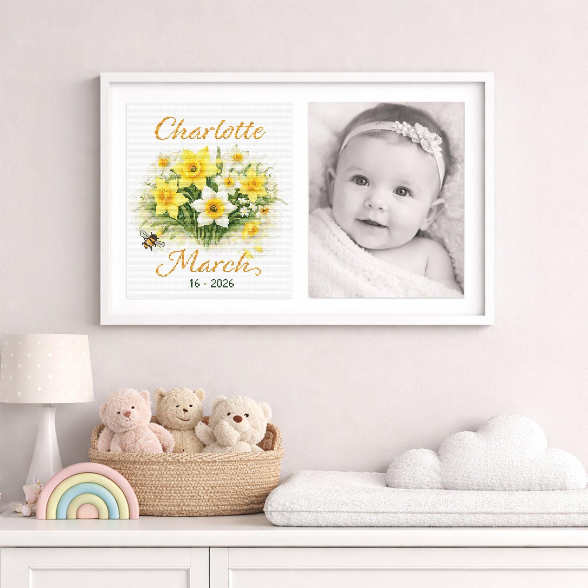 March Birth Flower Cross Stitch Pattern shown in a room preview as personalised daffodil wall art with a name and birth date.