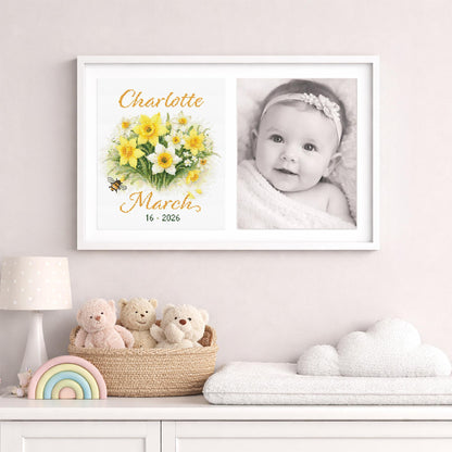 March Birth Flower Cross Stitch Pattern shown in a room preview as personalised daffodil wall art with a name and birth date.