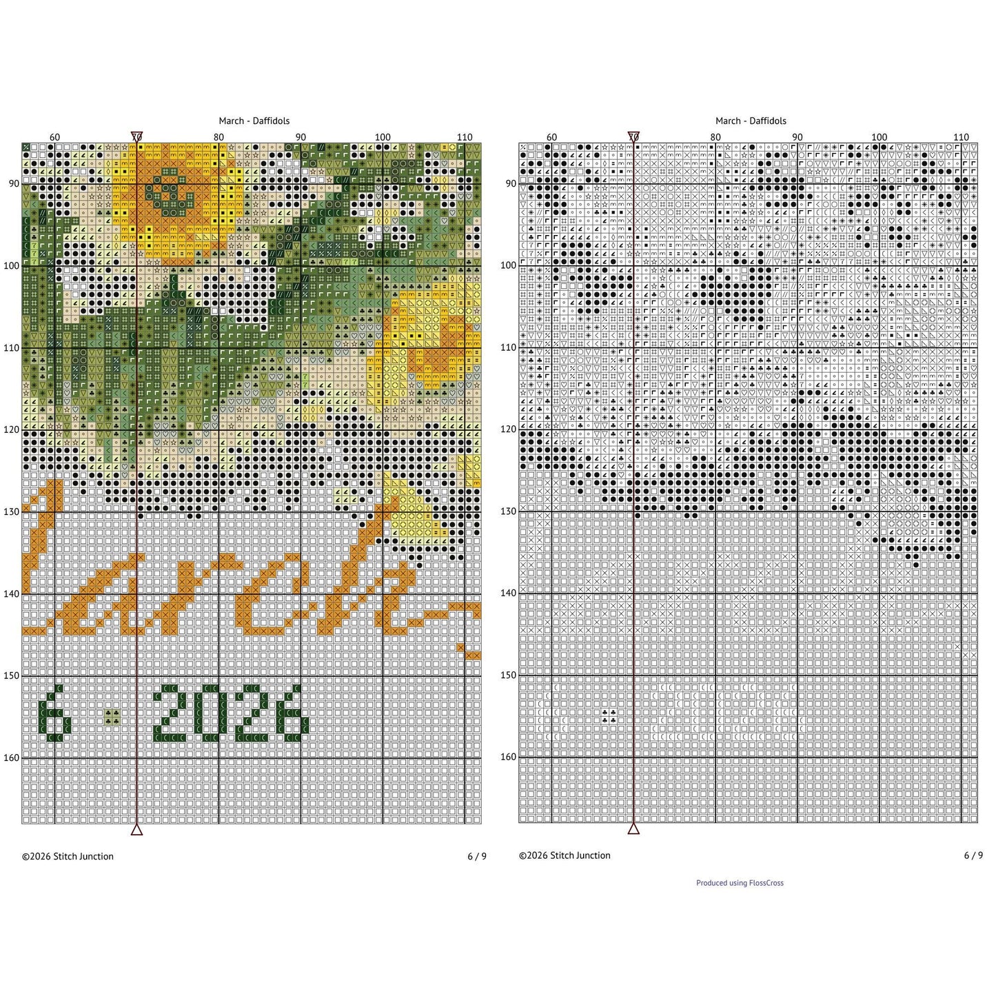 March Birth Flower Cross Stitch Pattern digital download chart preview with colour symbols and black-and-white symbol chart for printable counted cross stitch.