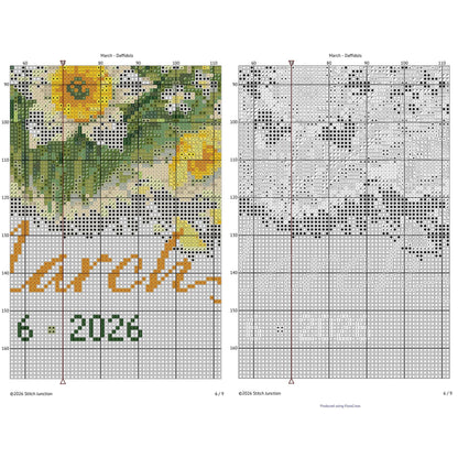 March Birth Flower Cross Stitch Pattern digital download chart preview with colour symbols and black-and-white symbol chart for printable counted cross stitch.
