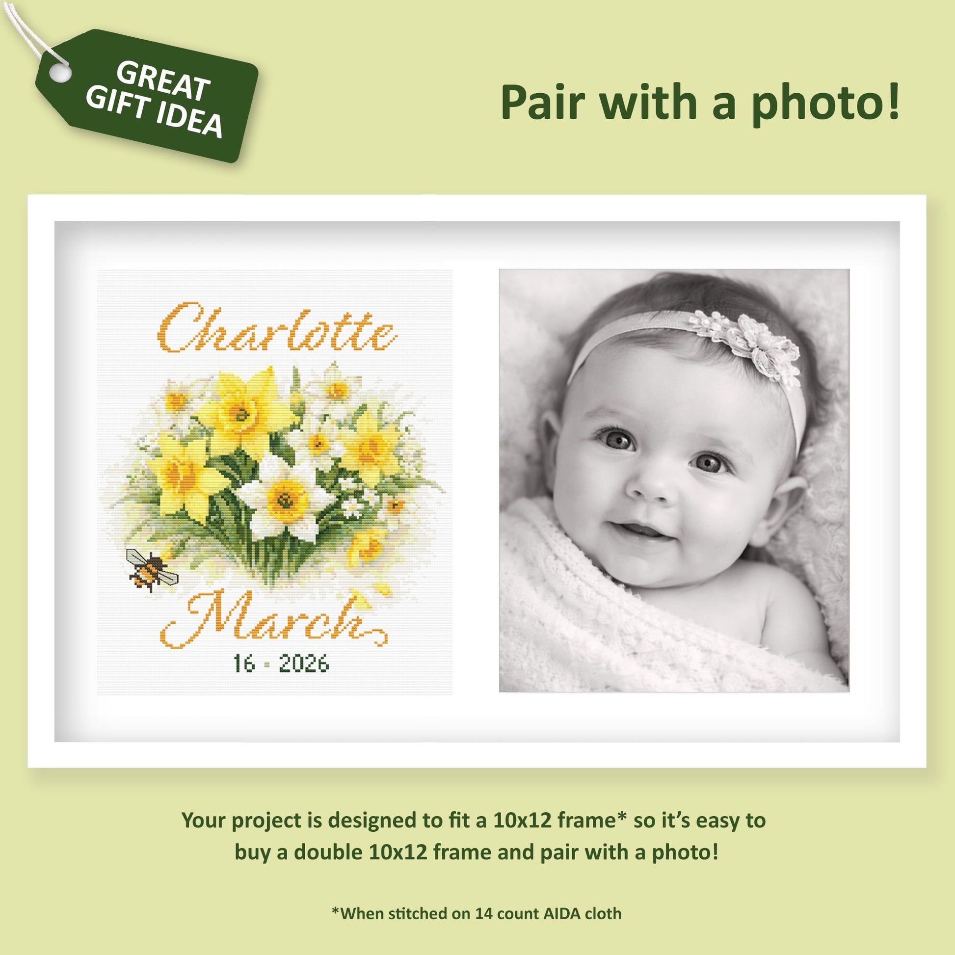 March Birth Flower Cross Stitch Pattern custom preview showing personalised floral artwork paired with a photo keepsake layout.