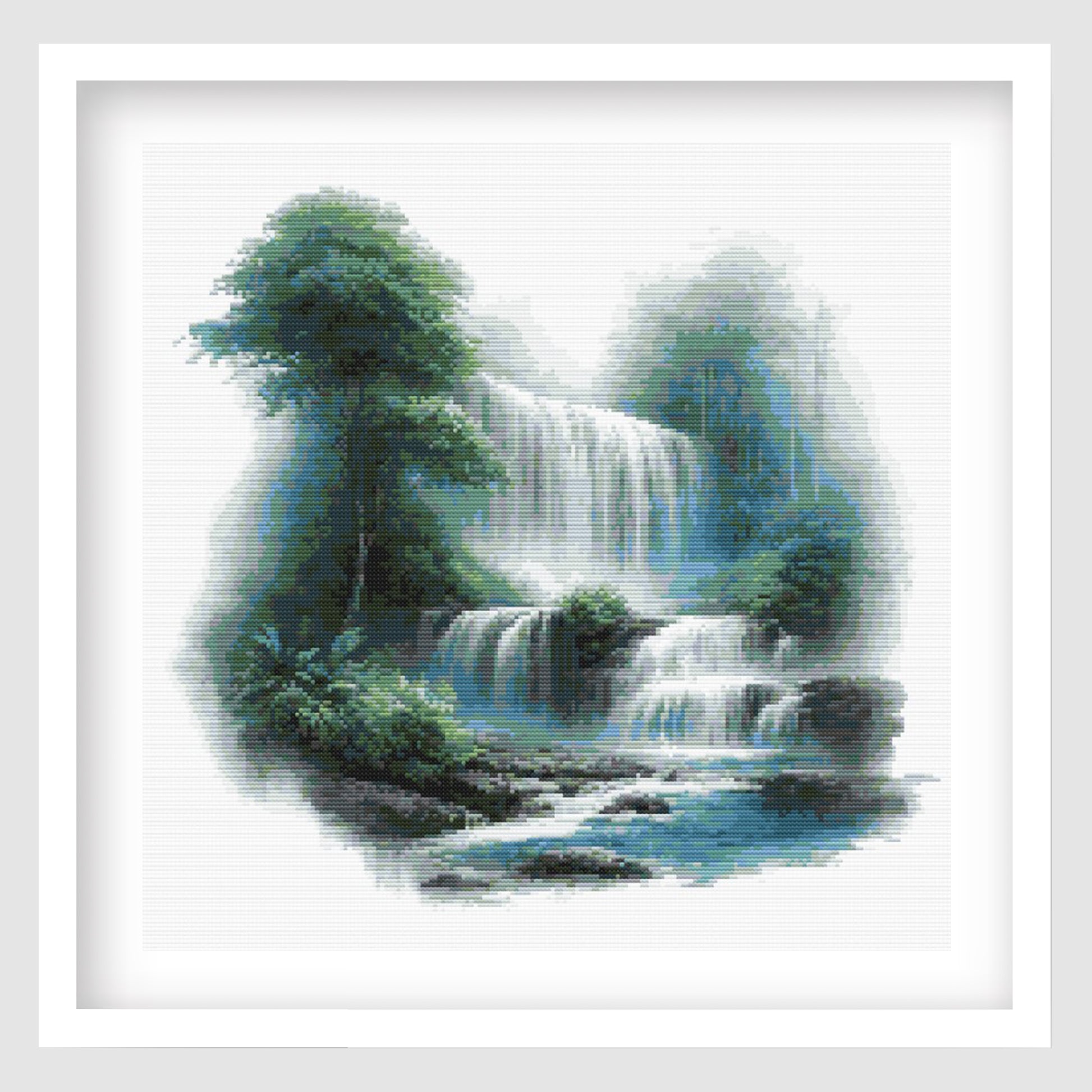 Waterfall cross stitch pattern featuring a lush green rainforest landscape, cascading waterfalls, misty mountains, and a flowing blue stream.