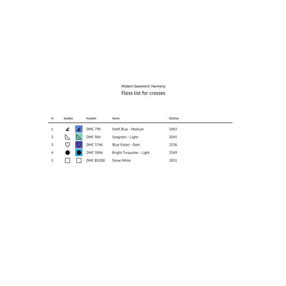 Modern geometric cross stitch pattern colour chart and symbols with the DMC threads.