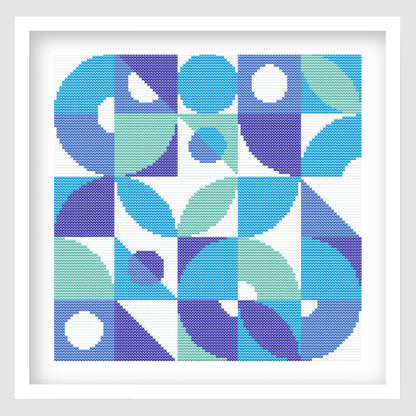 Modern geometric cross stitch pattern with colourful abstract shapes, circles, squares, triangles, stripes, and bold wall art style.