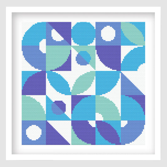 Modern geometric cross stitch pattern with colourful abstract shapes, circles, squares, triangles, stripes, and bold wall art style.