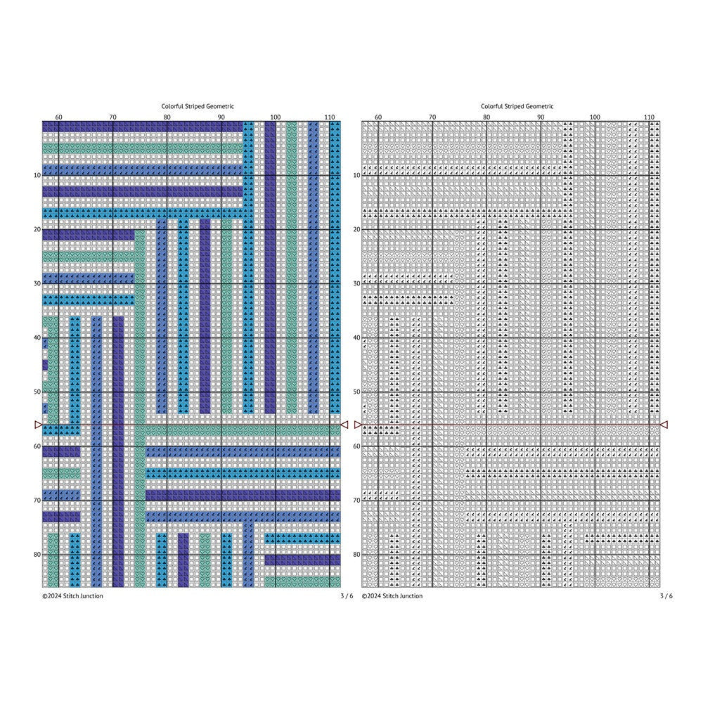 Modern Geometric Stripes Cross Stitch Pattern digital download chart preview with colour symbols and black-and-white symbol chart for printable counted cross stitch.