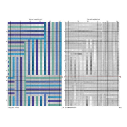 Modern Geometric Stripes Cross Stitch Pattern digital download chart preview with colour symbols and black-and-white symbol chart for printable counted cross stitch.