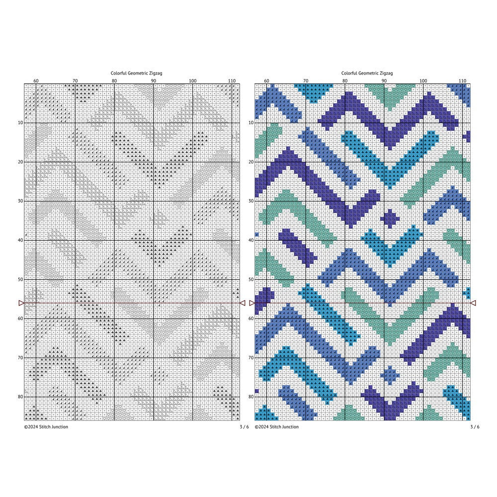 Modern Geometric ZigZag Cross Stitch Pattern digital download chart preview with colour symbols and black-and-white symbol chart for printable counted cross stitch.