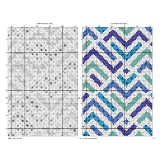 Modern Geometric ZigZag Cross Stitch Pattern digital download chart preview with colour symbols and black-and-white symbol chart for printable counted cross stitch.