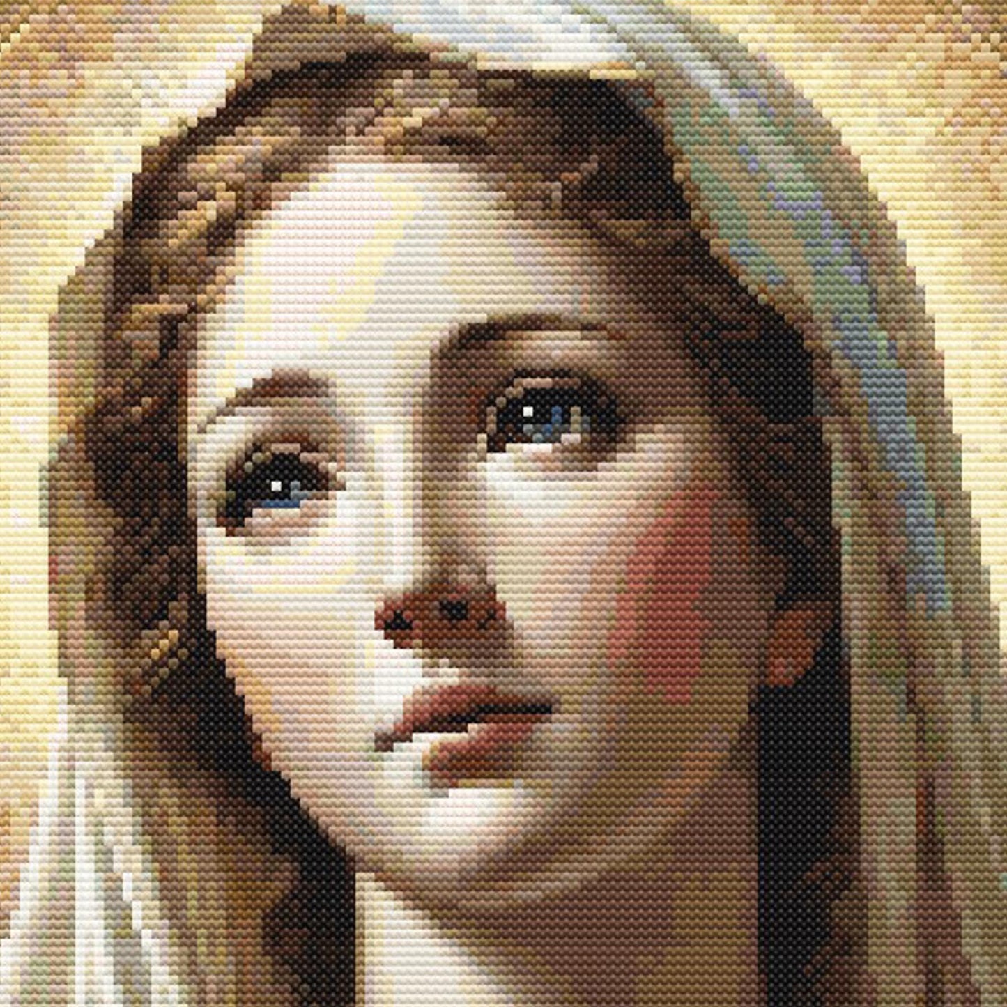 Close-up of Virgin Mary Cross Stitch Pattern showing Mother Mary’s face, soft expression, halo detail, and devotional sacred art styling.