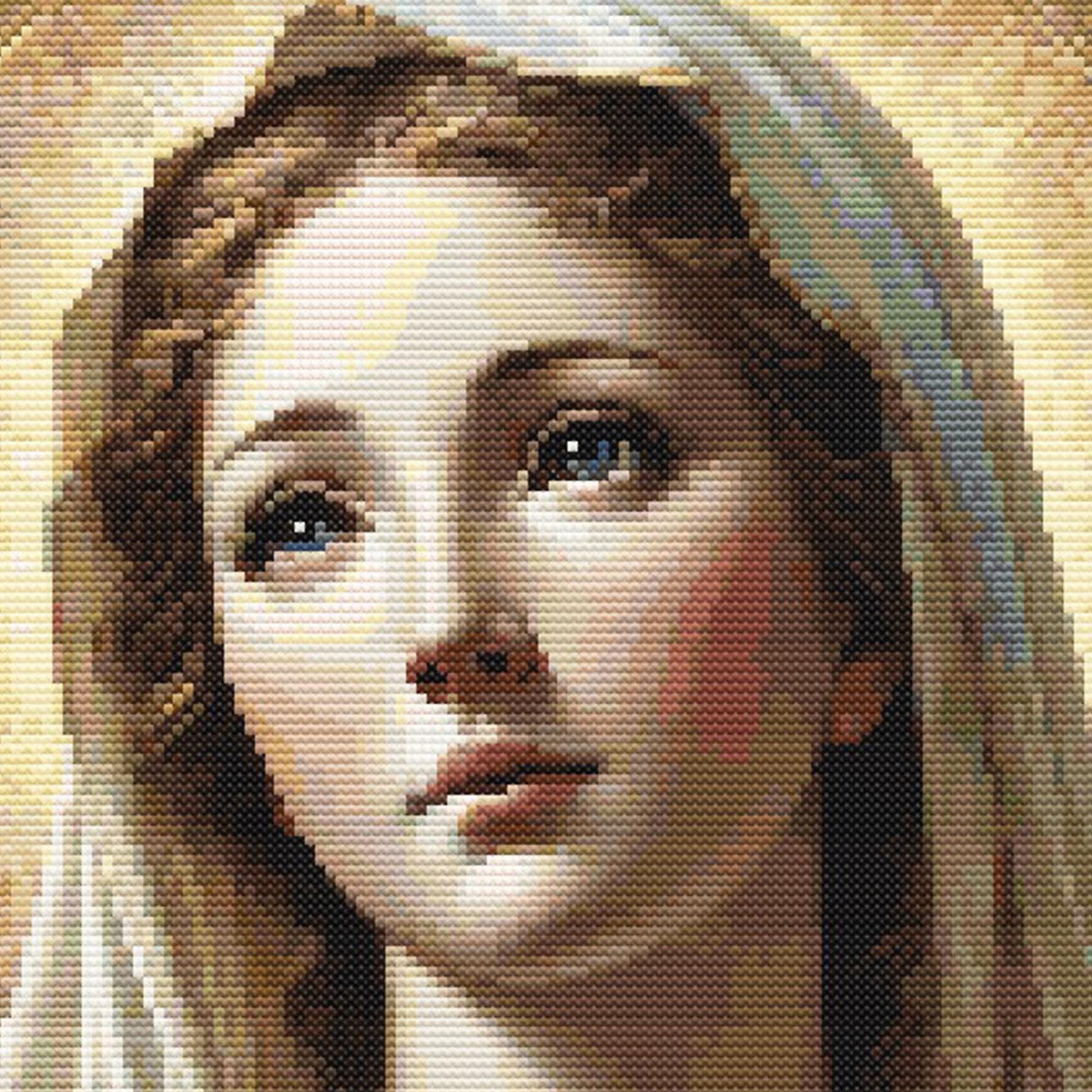 Close-up of Virgin Mary Cross Stitch Pattern showing Mother Mary’s face, soft expression, halo detail, and devotional sacred art styling.
