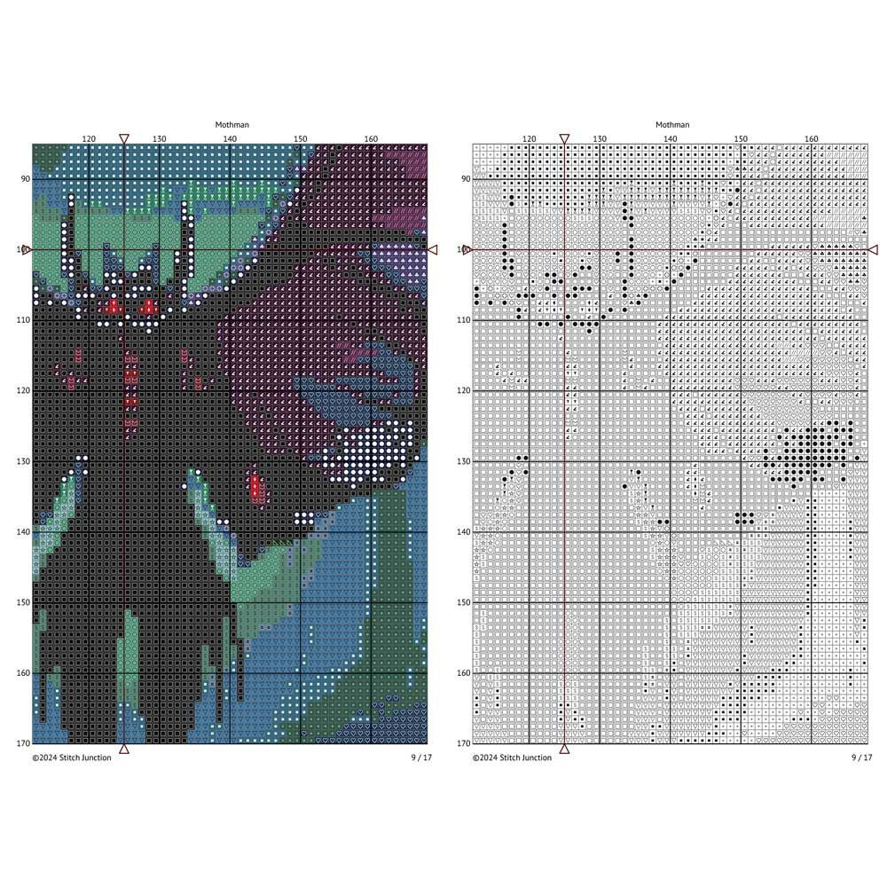 Mothman Cross Stitch Pattern digital download chart preview with colour symbols and black-and-white symbol chart for printable counted cross stitch.
