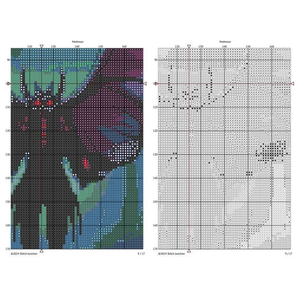 Mothman Cross Stitch Pattern digital download chart preview with colour symbols and black-and-white symbol chart for printable counted cross stitch.