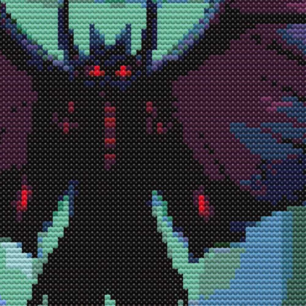 Close-up of Mothman Cross Stitch Pattern showing glowing red eyes, shadowed body, wing detail, and dark fantasy styling.