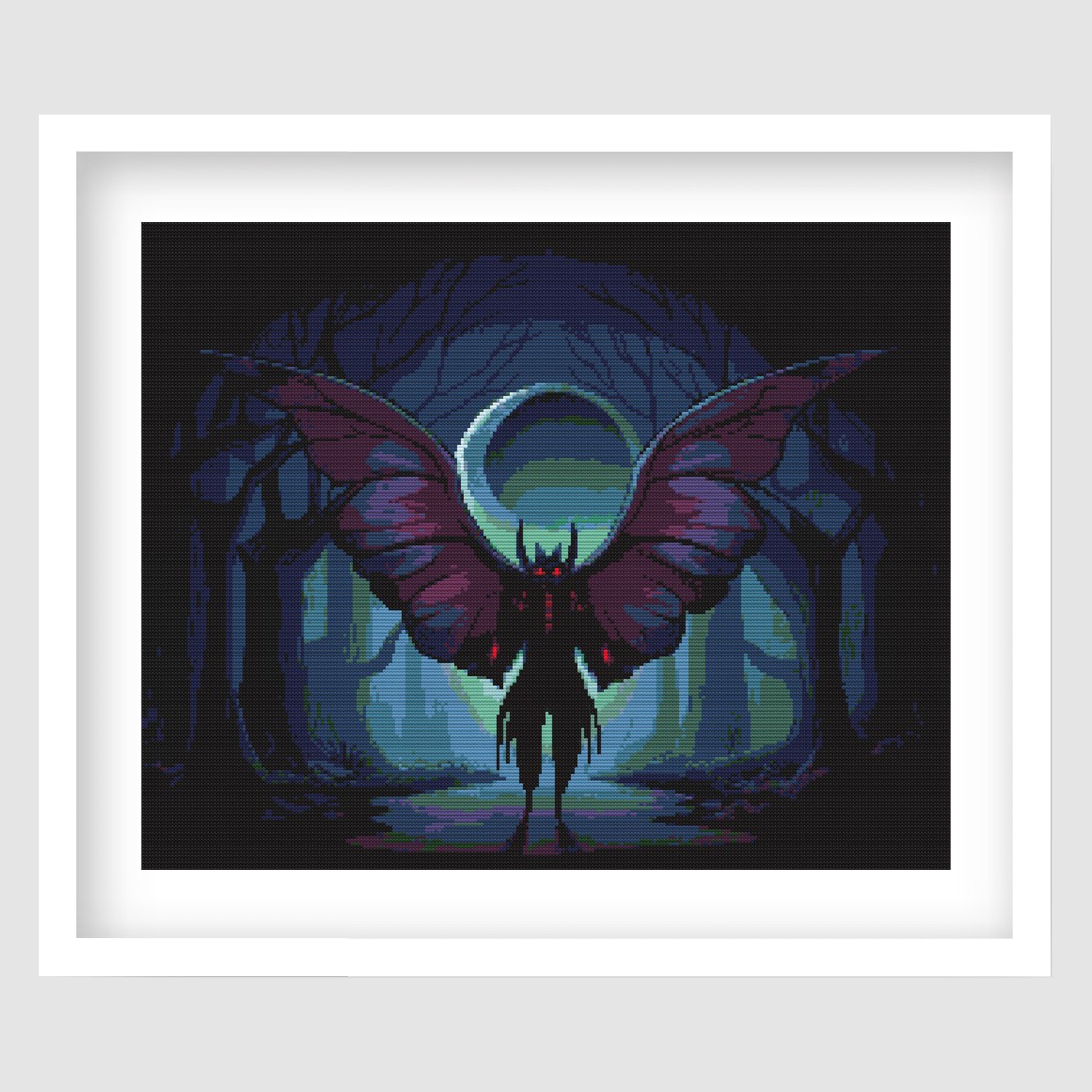 Mothman Cross Stitch Pattern displayed as framed gothic wall art with a dark winged mothman figure, glowing eyes, moonlit forest, and eerie blue lighting.