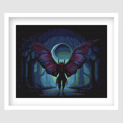 Mothman Cross Stitch Pattern displayed as framed gothic wall art with a dark winged mothman figure, glowing eyes, moonlit forest, and eerie blue lighting.