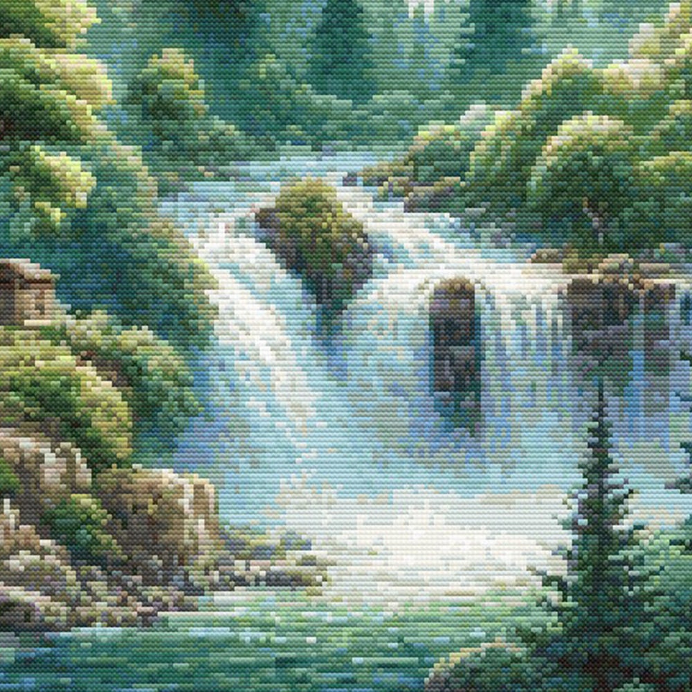 Mountain Cabin Retreat cross stitch pattern featuring a forest waterfall flowing into a turquoise river.