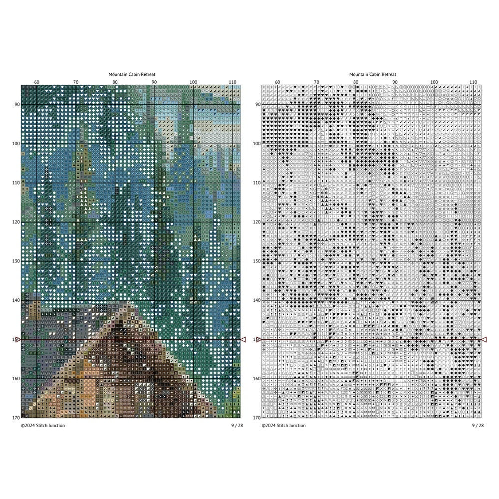 Printable pattern chart preview for the Mountain Cabin Retreat cross stitch pattern.