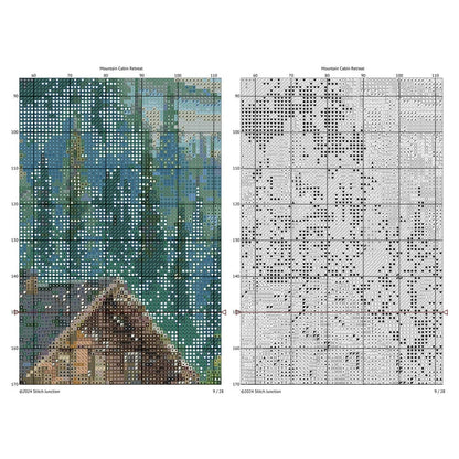 Printable pattern chart preview for the Mountain Cabin Retreat cross stitch pattern.
