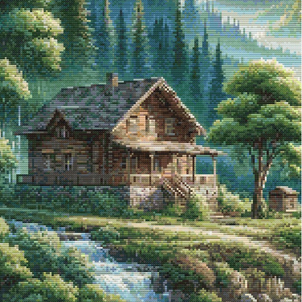 Mountain Cabin Retreat cross stitch pattern featuring a rustic cabin beside a waterfall in a peaceful valley.