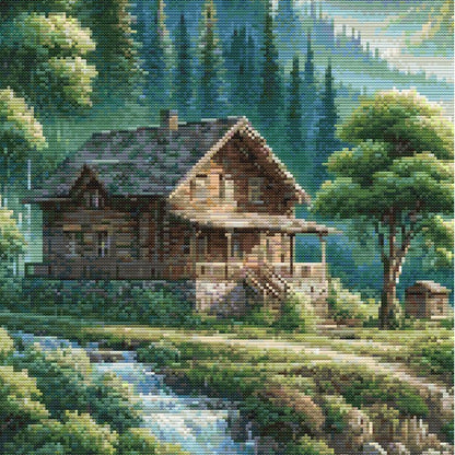 Mountain Cabin Retreat cross stitch pattern featuring a rustic cabin beside a waterfall in a peaceful valley.
