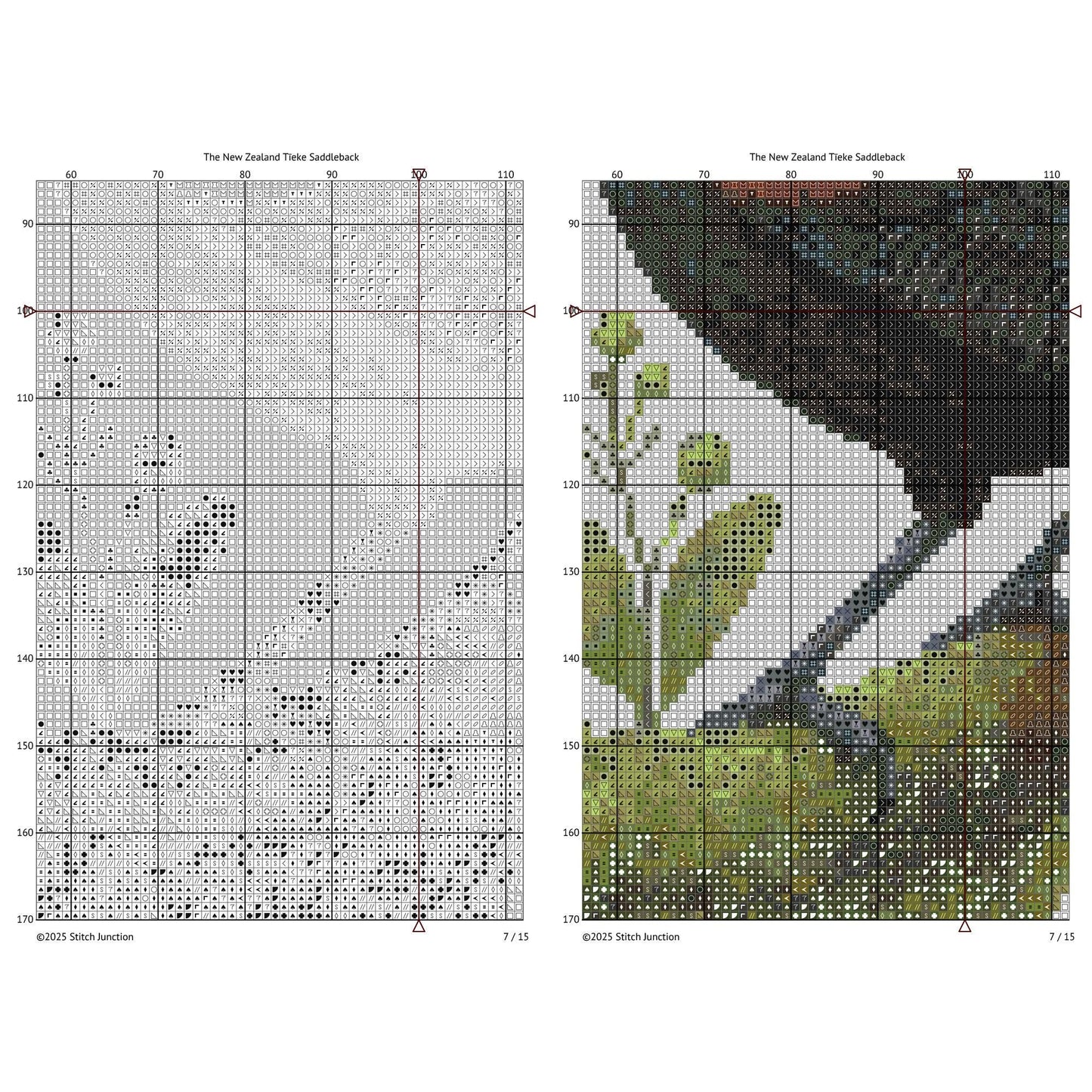 Cross-stitch pattern for a New Zealand Saddleback with grid and color chart.